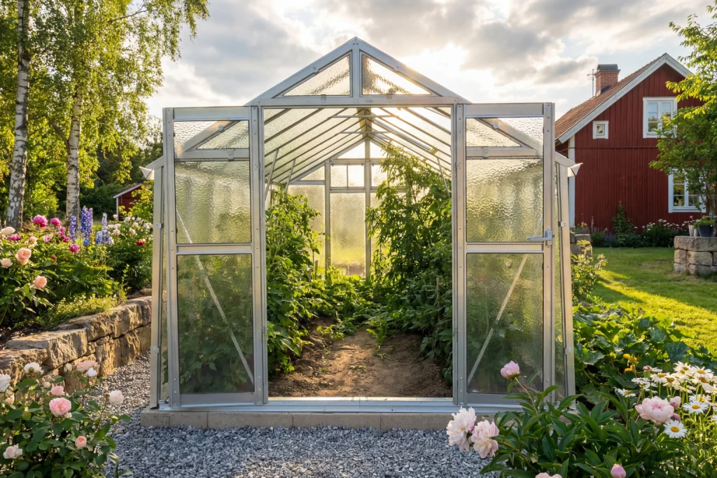 Växthus Variant 249 fotat inne i växthuset 12 kvm