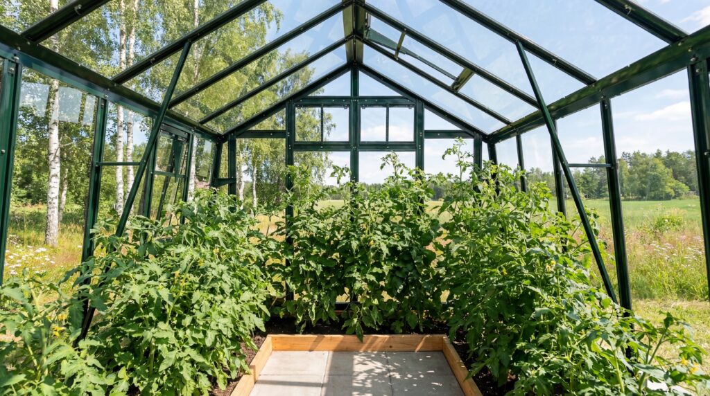 Stormsäkert växthus Variant 276 inifrån växthuset.