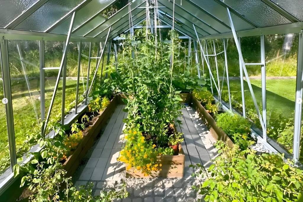 Insidan av Grohus växthus Variant 303 Modell L i solsken med upphängda tomatplantor, odlingsbäddar i trä och gång av betongplattor.