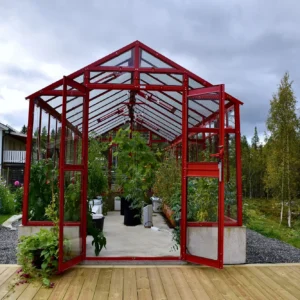 Stormsäkert växthus Primus 249 med mur 40 cm i röd lackering med dörren öppen