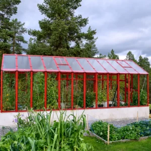 Stormsäkert växthus Primus 249 med mur 40 cm i röd lackering