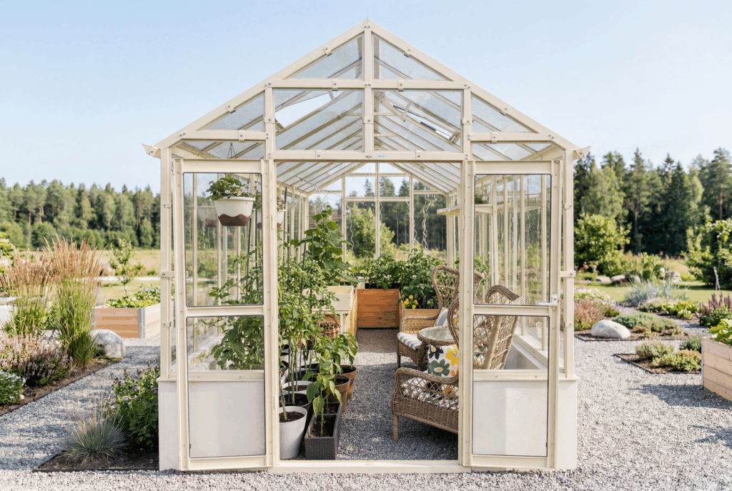 Verso J5 växthus med ljus stomme, glaspartier och dubbeldörrar, placerat i en ljus skandinavisk trädgård med grusgång, planteringar och odlingsyta.