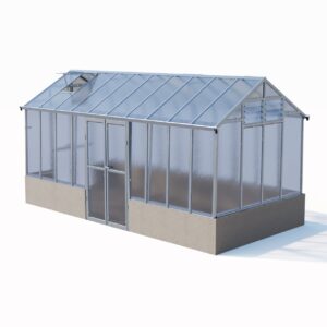 Verso J5 växthus med olackerad stomme, strukturglas, murad grund, dubbeldörrar och sidoventilation, visat i produktvy mot vit bakgrund.